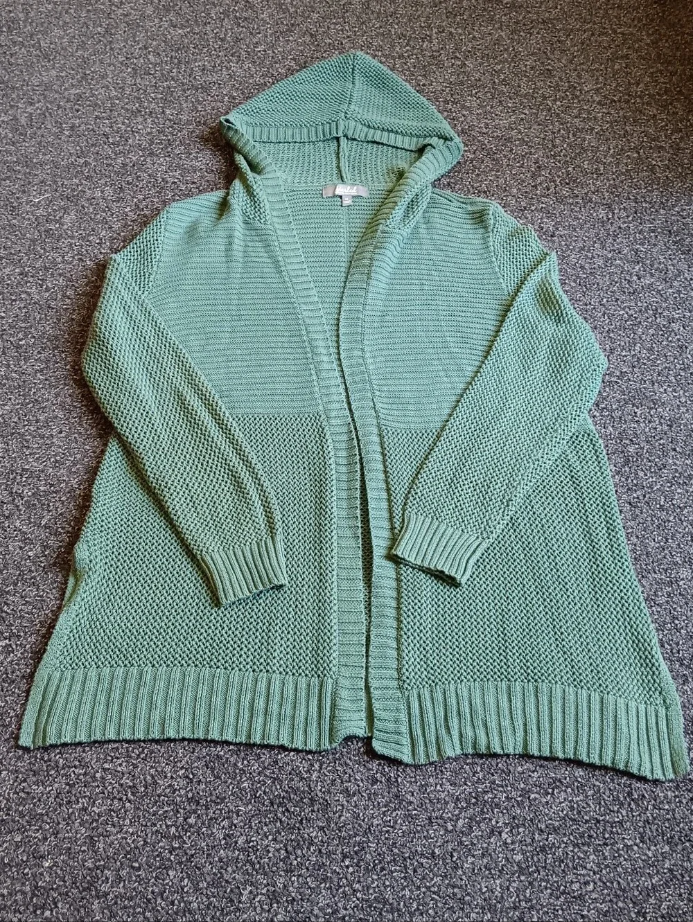 Marled 1X Light Green Hooded Knit Open Front Cardigan Sweater, Womens Plus Size